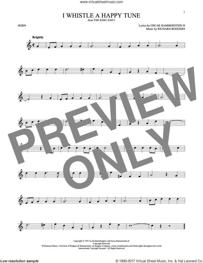 I Whistle A Happy Tune sheet music for horn solo by Rodgers & Hammerstein, Oscar II Hammerstein and Richard Rodgers, intermediate skill level
