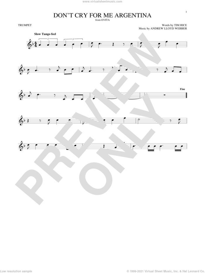 Don't Cry For Me Argentina sheet music for trumpet solo by Andrew Lloyd Webber, Madonna and Tim Rice, intermediate skill level