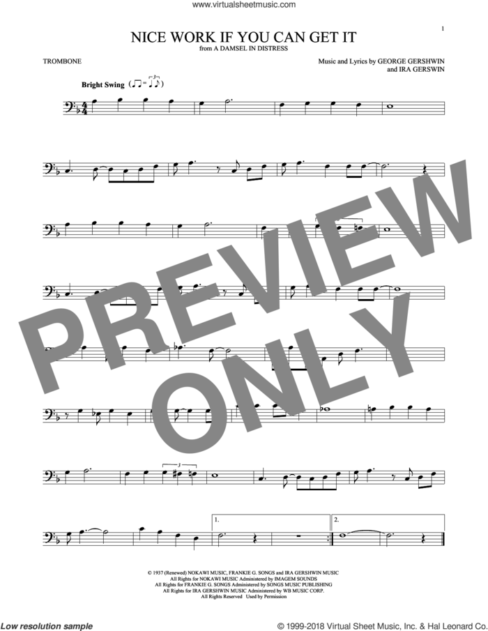 Nice Work If You Can Get It sheet music for trombone solo by Frank Sinatra, George Gershwin and Ira Gershwin, intermediate skill level
