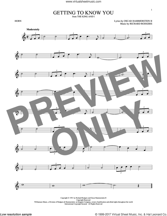 Getting To Know You sheet music for horn solo by Rodgers & Hammerstein, Oscar II Hammerstein and Richard Rodgers, intermediate skill level
