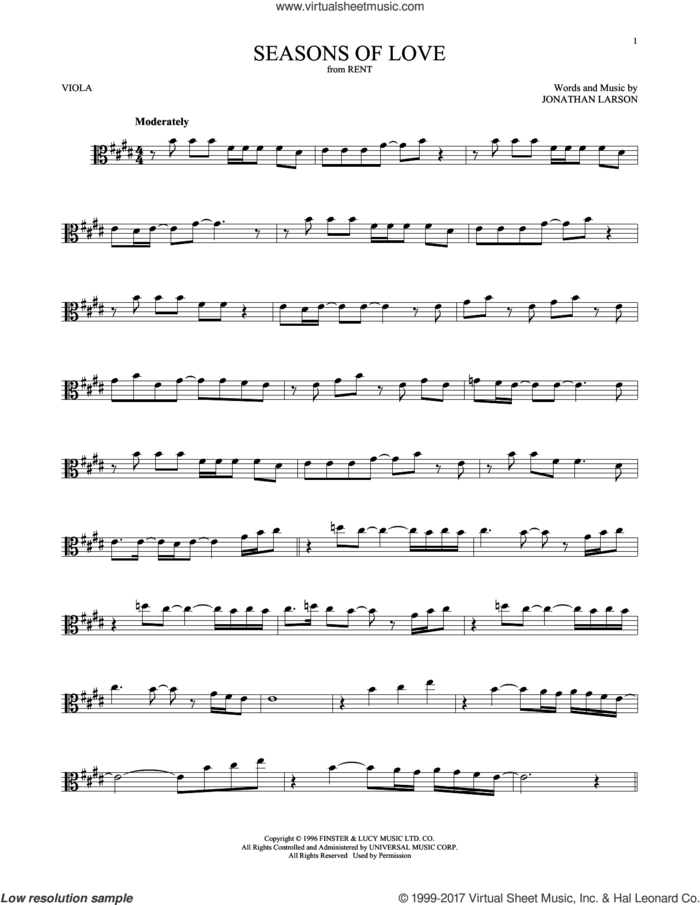 Seasons Of Love (from Rent) sheet music for viola solo by Jonathan Larson, intermediate skill level