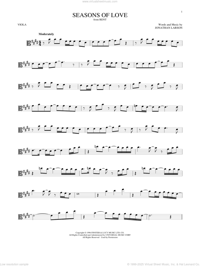 Seasons Of Love (from Rent) sheet music for viola solo by Jonathan Larson, intermediate skill level