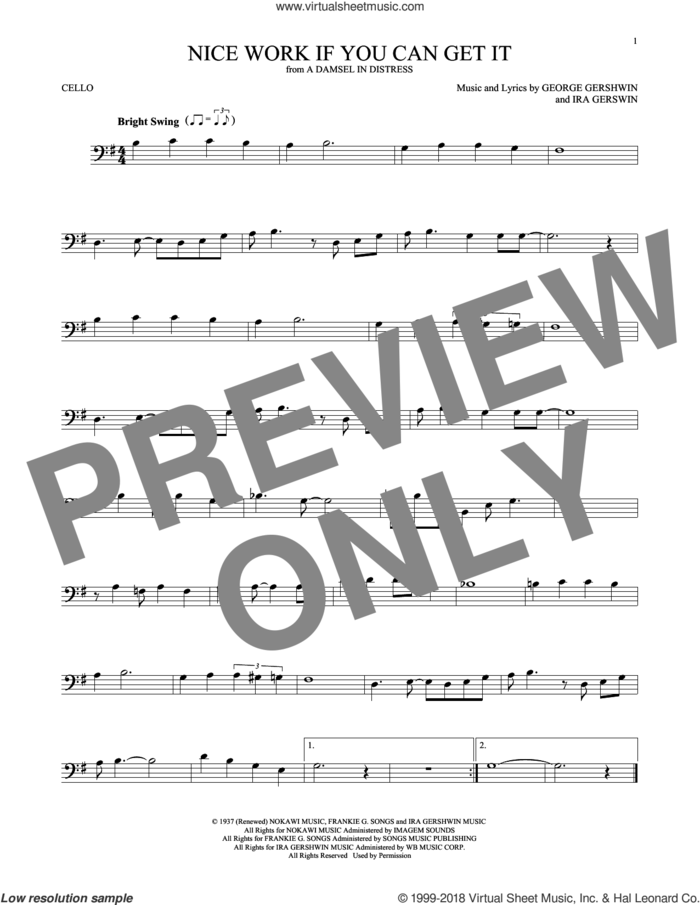 Nice Work If You Can Get It sheet music for cello solo by Frank Sinatra, George Gershwin and Ira Gershwin, intermediate skill level