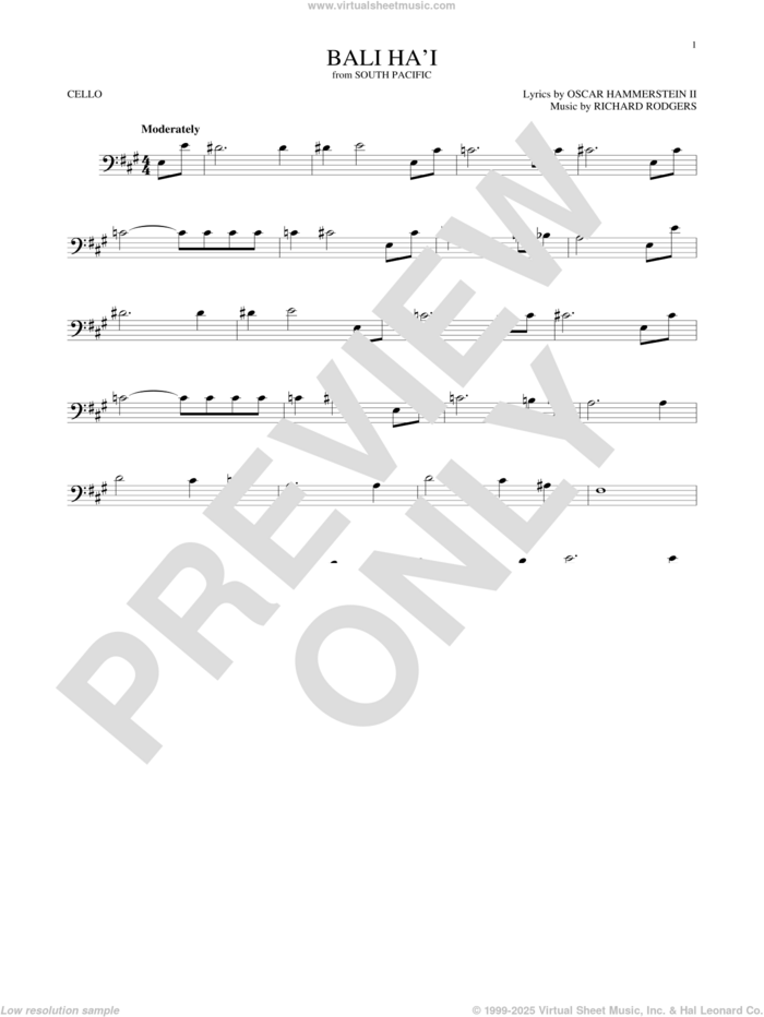 Bali Ha'i sheet music for cello solo by Rodgers & Hammerstein, Oscar II Hammerstein and Richard Rodgers, intermediate skill level