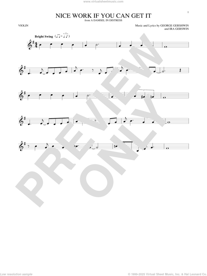 Nice Work If You Can Get It sheet music for violin solo by Frank Sinatra, George Gershwin and Ira Gershwin, intermediate skill level