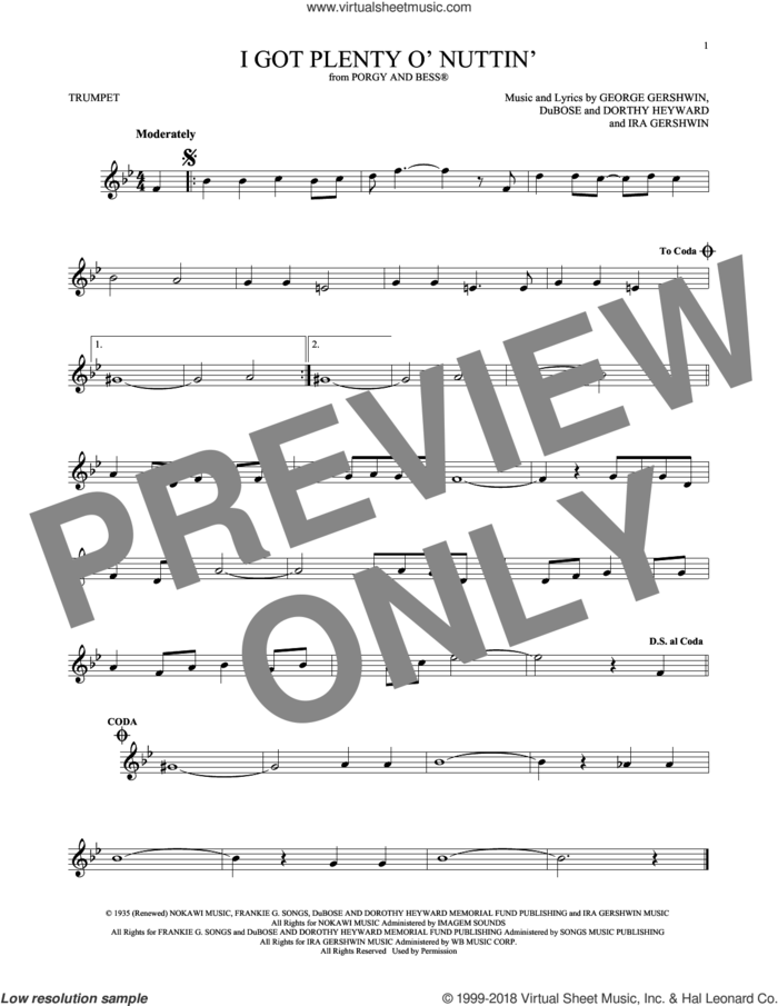 I Got Plenty O' Nuttin' sheet music for trumpet solo by George Gershwin, Dorothy Heyward, DuBose Heyward and Ira Gershwin, intermediate skill level