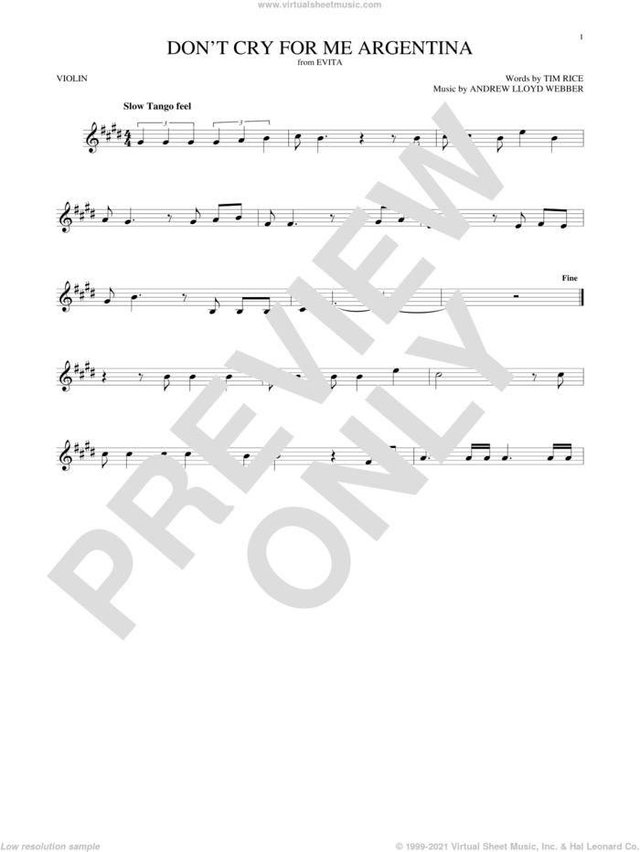 Don't Cry For Me Argentina sheet music for violin solo by Andrew Lloyd Webber, Madonna and Tim Rice, intermediate skill level
