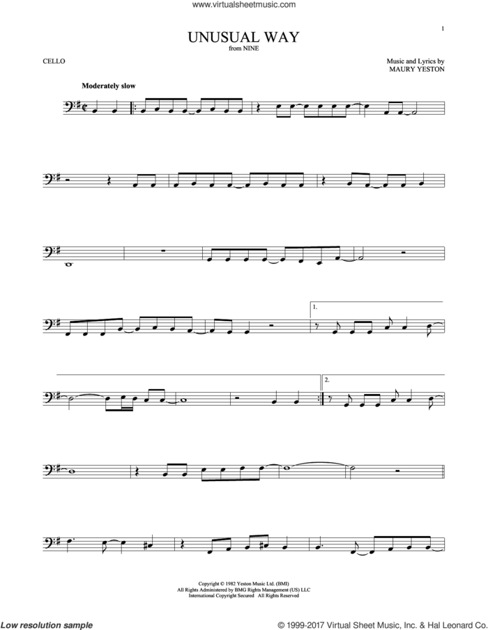 Unusual Way sheet music for cello solo by Maury Yeston and Linda Eder, intermediate skill level