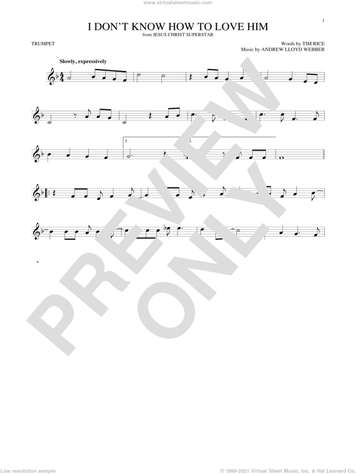 I Don't Know How To Love Him sheet music for trumpet solo by Andrew Lloyd Webber, Helen Reddy and Tim Rice, intermediate skill level