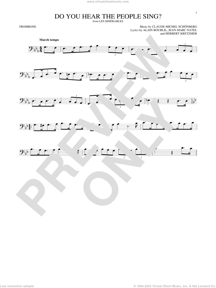 Do You Hear The People Sing? sheet music for trombone solo by Alain Boublil, Claude-Michel Schonberg, Claude-Michel Schonberg, Herbert Kretzmer and Jean-Marc Natel, intermediate skill level