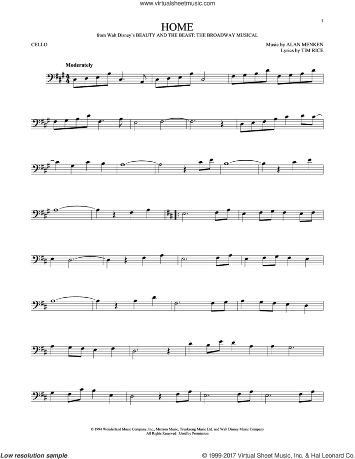 Home (from Beauty and the Beast: The Broadway Musical) sheet music for cello solo by Alan Menken and Tim Rice, intermediate skill level
