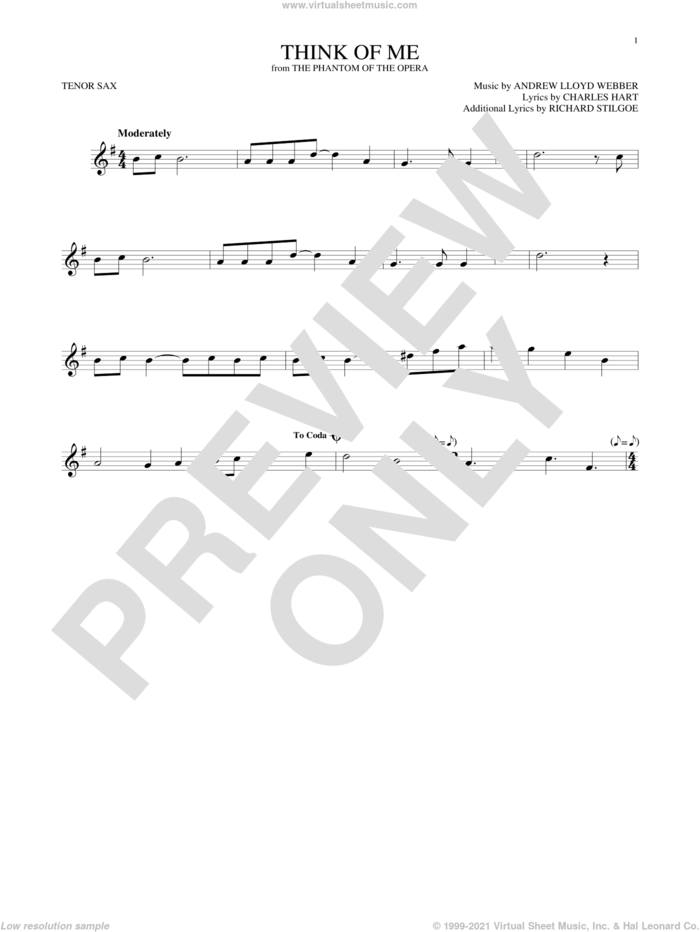 Think Of Me (from The Phantom Of The Opera) sheet music for tenor saxophone solo by Andrew Lloyd Webber, Charles Hart and Richard Stilgoe, intermediate skill level