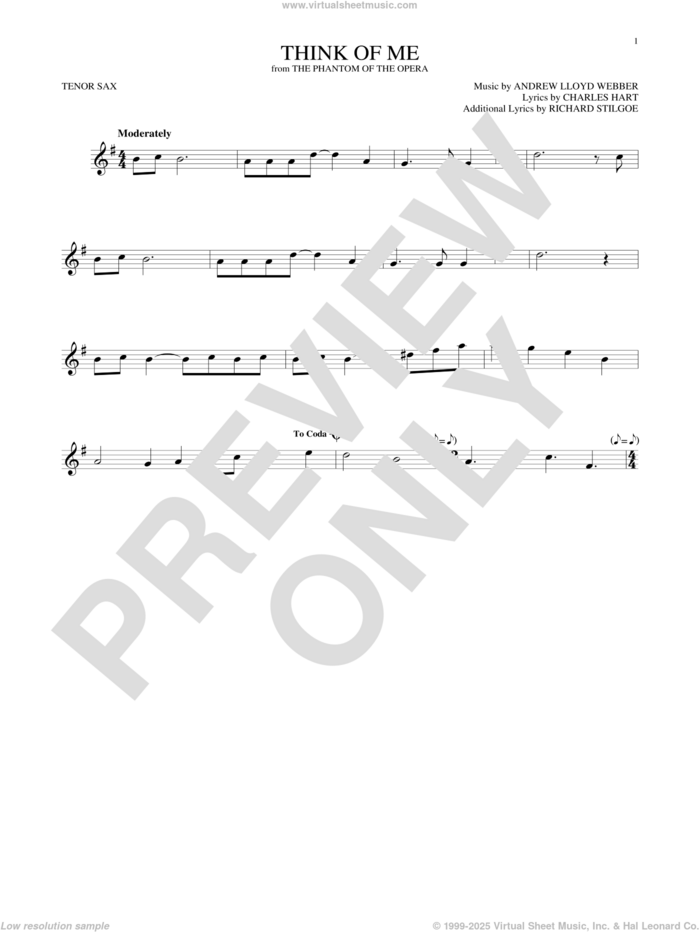 Think Of Me (from The Phantom Of The Opera) sheet music for tenor saxophone solo by Andrew Lloyd Webber, Charles Hart and Richard Stilgoe, intermediate skill level