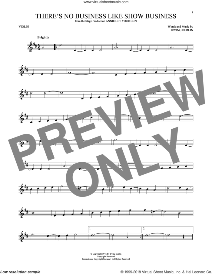 There's No Business Like Show Business sheet music for violin solo by Irving Berlin, intermediate skill level