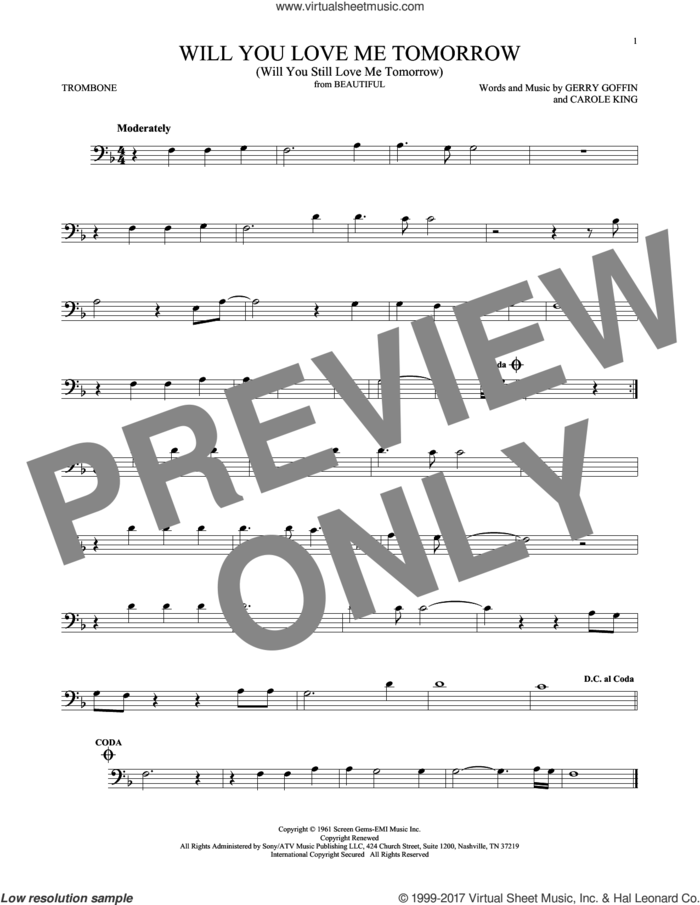Will You Love Me Tomorrow (Will You Still Love Me Tomorrow) sheet music for trombone solo by The Shirelles, Carole King and Gerry Goffin, intermediate skill level
