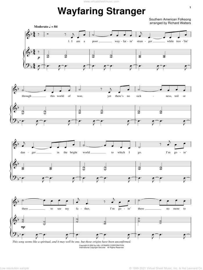 Wayfaring Stranger sheet music for voice, piano or guitar, intermediate skill level