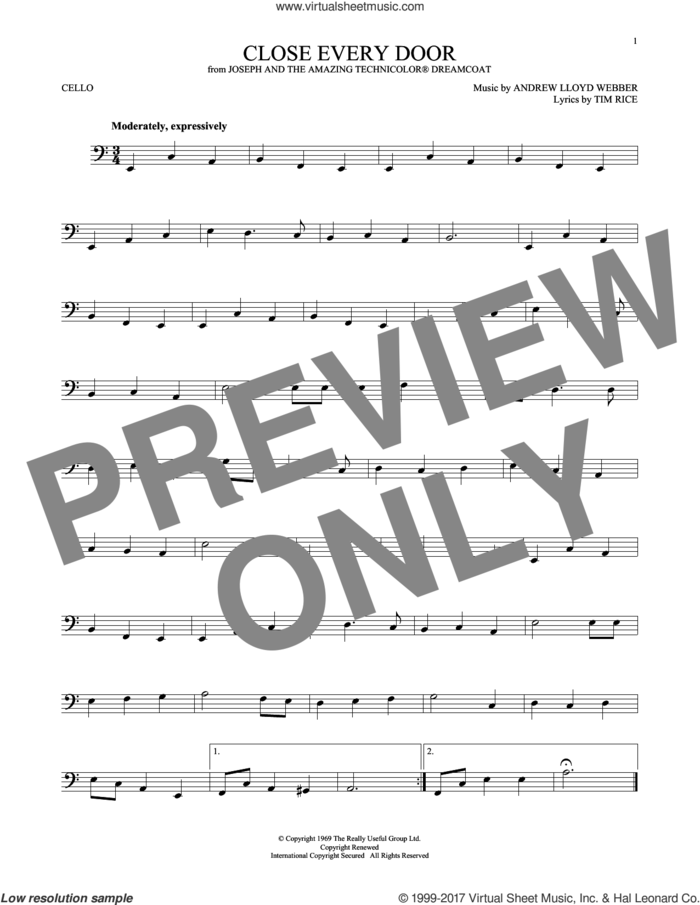 Close Every Door sheet music for cello solo by Andrew Lloyd Webber and Tim Rice, intermediate skill level