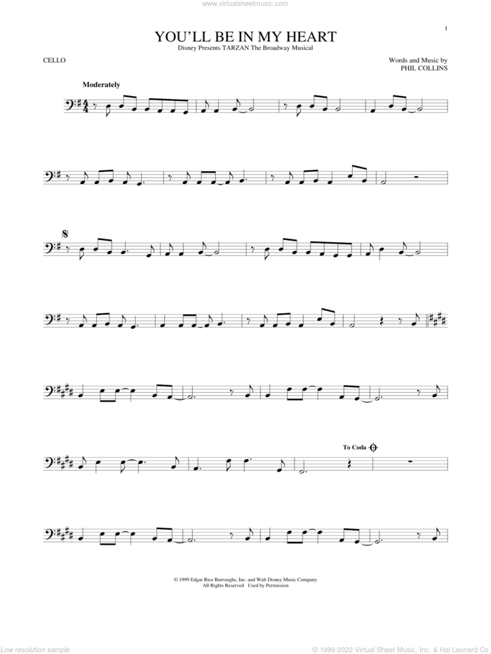 You'll Be In My Heart (from Tarzan) sheet music for cello solo by Phil Collins, intermediate skill level