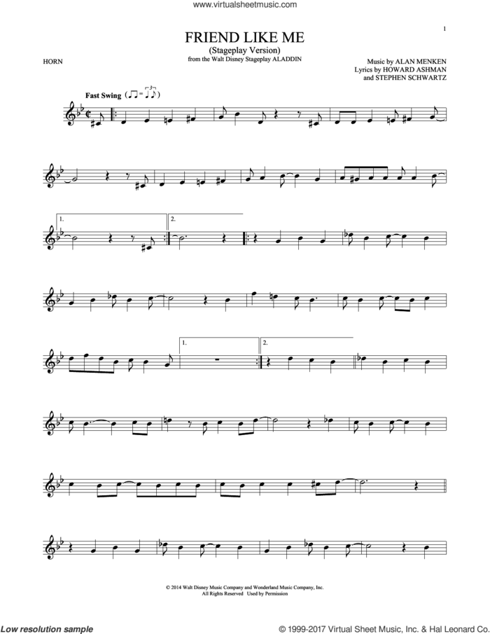 Friend Like Me (Stageplay Version) (from Aladdin: The Broadway Musical) sheet music for horn solo by Alan Menken, Howard Ashman & Stephen Schwartz, Alan Menken, Howard Ashman and Stephen Schwartz, intermediate skill level