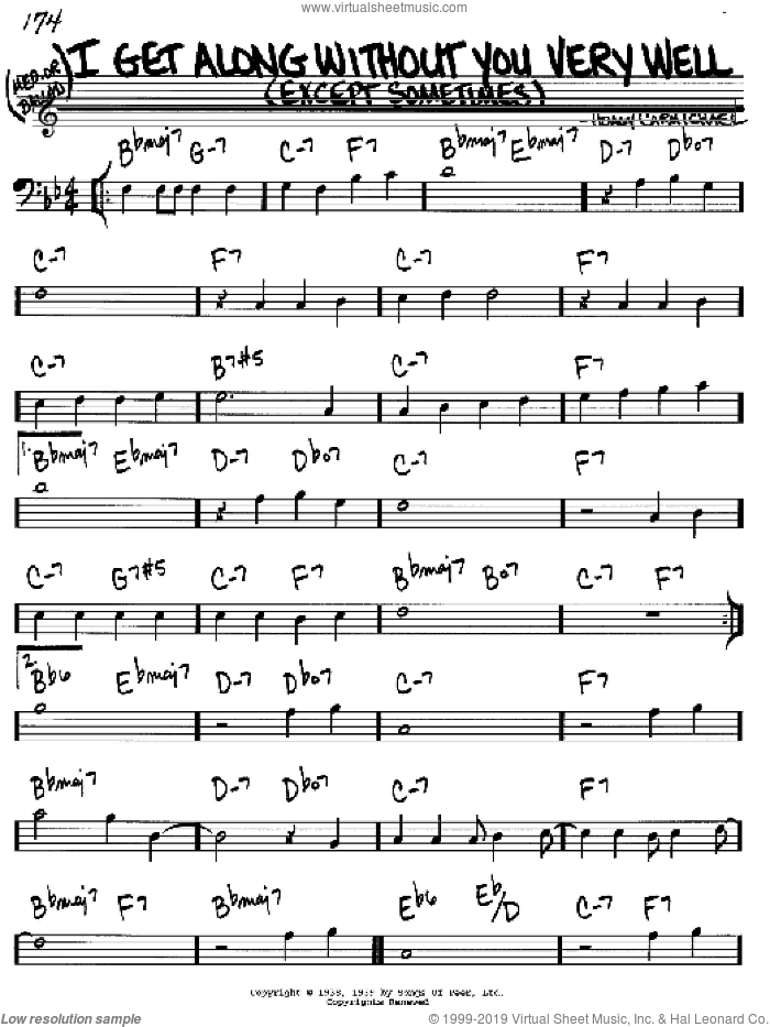 I Get Along Without You Very Well (Except Sometimes) sheet music for voice and other instruments (bass clef) by Hoagy Carmichael, intermediate skill level
