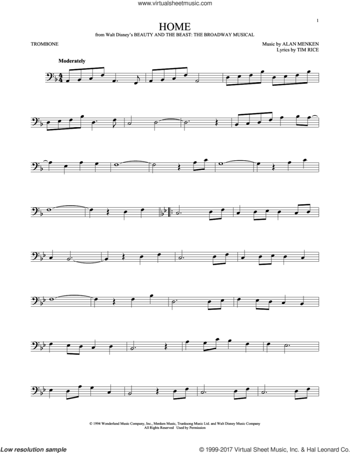 Home (from Beauty and the Beast: The Broadway Musical) sheet music for trombone solo by Alan Menken and Tim Rice, intermediate skill level