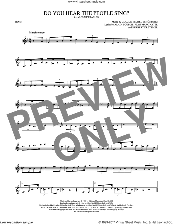Do You Hear The People Sing? sheet music for horn solo by Alain Boublil, Claude-Michel Schonberg, Claude-Michel Schonberg, Herbert Kretzmer and Jean-Marc Natel, intermediate skill level