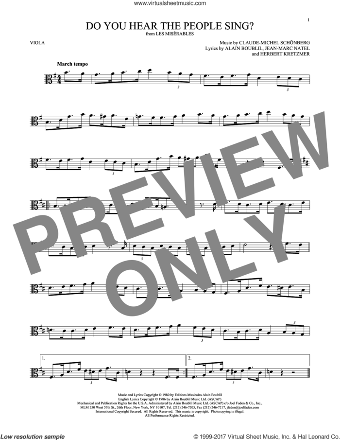 Do You Hear The People Sing? sheet music for viola solo by Alain Boublil, Claude-Michel Schonberg, Claude-Michel Schonberg, Herbert Kretzmer and Jean-Marc Natel, intermediate skill level