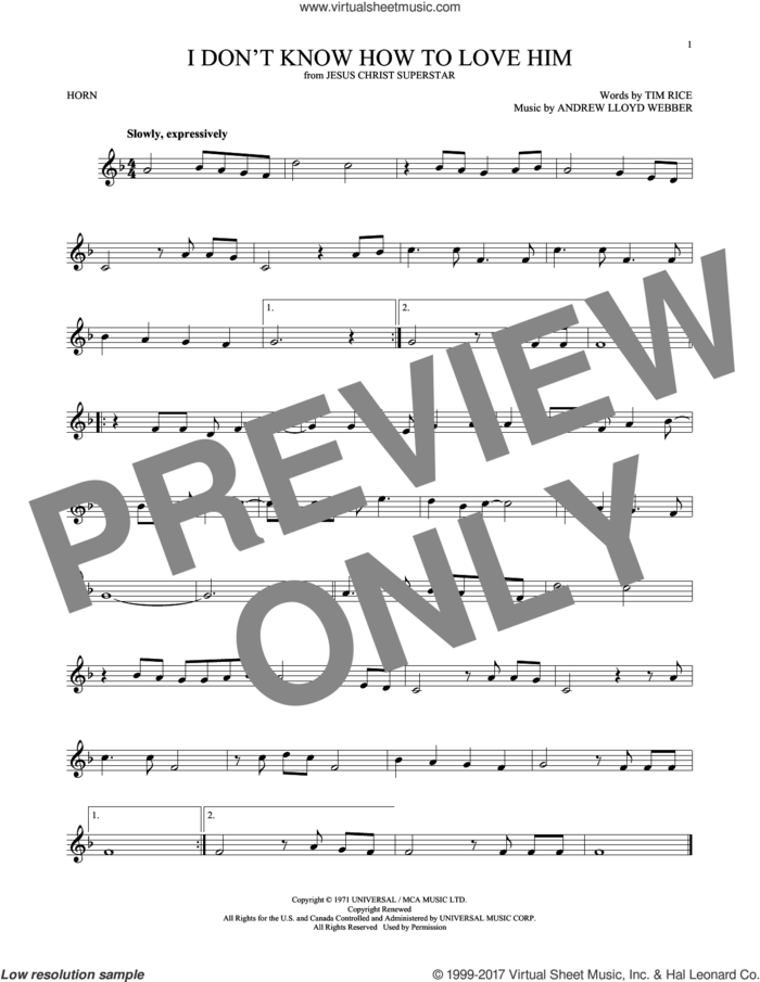 I Don't Know How To Love Him (from Jesus Christ Superstar) sheet music for horn solo by Andrew Lloyd Webber, Helen Reddy and Tim Rice, intermediate skill level