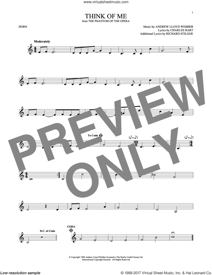 Think Of Me (from The Phantom Of The Opera) sheet music for horn solo by Andrew Lloyd Webber, Charles Hart and Richard Stilgoe, intermediate skill level