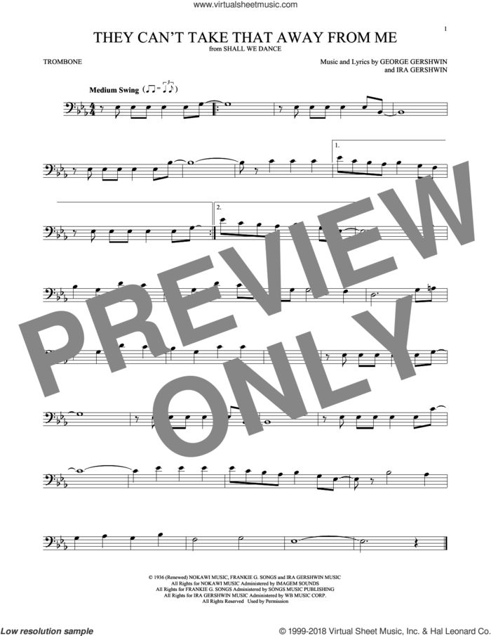They Can't Take That Away From Me sheet music for trombone solo by Frank Sinatra, George Gershwin and Ira Gershwin, intermediate skill level
