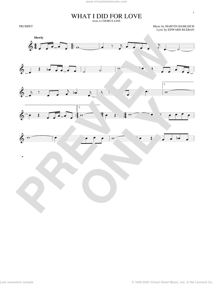 What I Did For Love sheet music for trumpet solo by Marvin Hamlisch and Edward Kleban, intermediate skill level