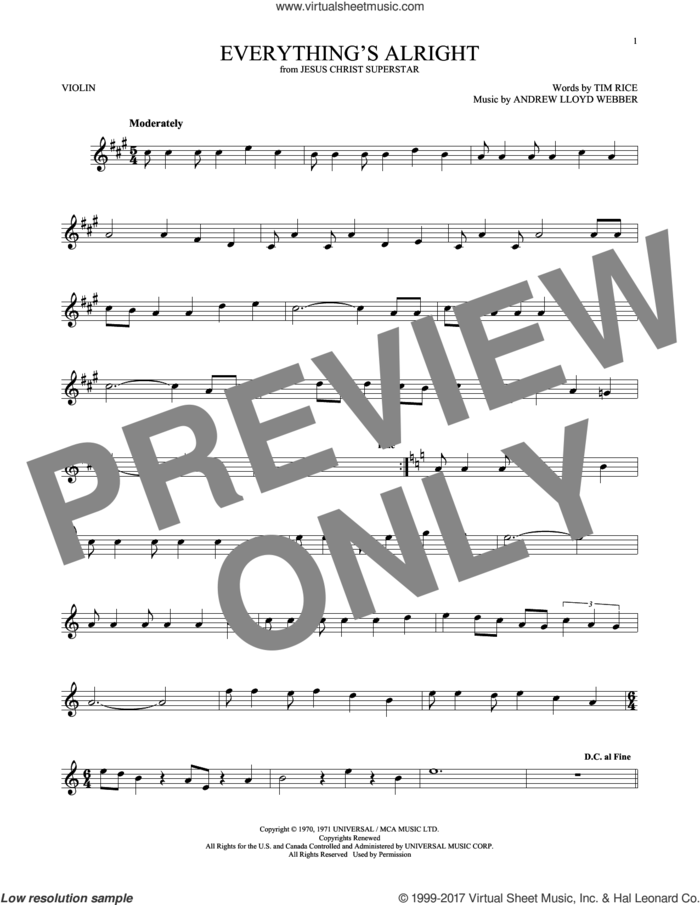 Everything's Alright (from Jesus Christ Superstar) sheet music for violin solo by Andrew Lloyd Webber, Yvonne Elliman and Tim Rice, intermediate skill level
