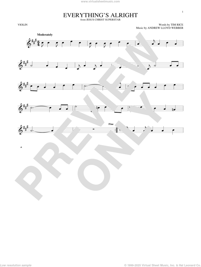 Everything's Alright (from Jesus Christ Superstar) sheet music for violin solo by Andrew Lloyd Webber, Yvonne Elliman and Tim Rice, intermediate skill level