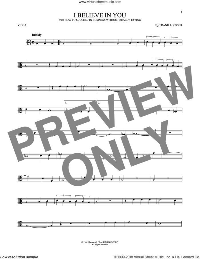 I Believe In You sheet music for viola solo by Frank Loesser, intermediate skill level