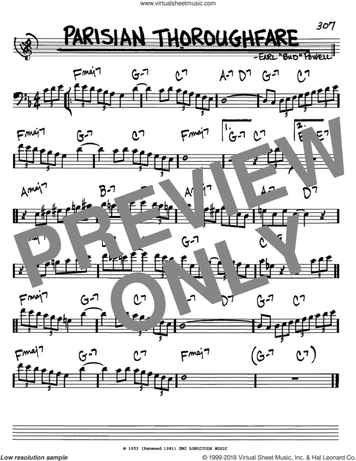 Parisian Thoroughfare sheet music for voice and other instruments (bass clef) by Bud Powell, intermediate skill level