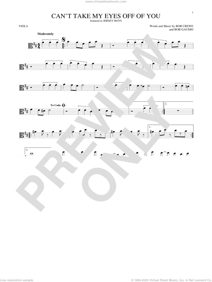 Can't Take My Eyes Off Of You (from Jersey Boys) sheet music for viola solo by Frankie Valli & The Four Seasons, Frankie Valli, The Four Seasons, Bob Crewe and Bob Gaudio, wedding score, intermediate skill level