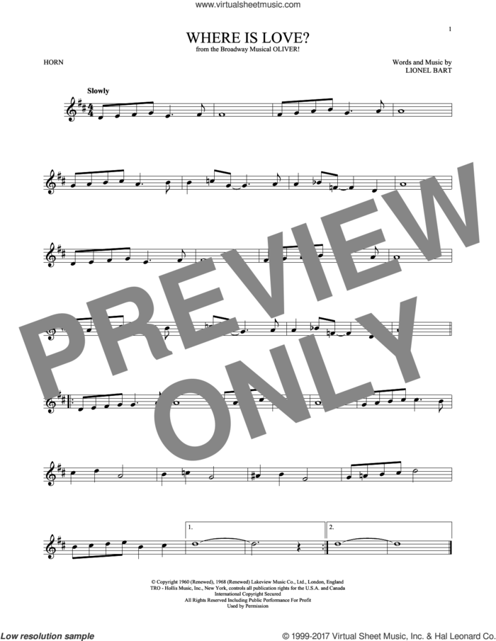 Where Is Love? sheet music for horn solo by Lionel Bart, intermediate skill level
