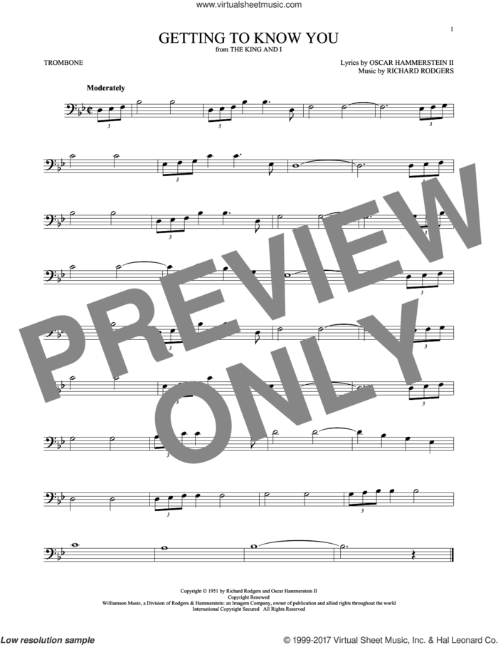 Getting To Know You sheet music for trombone solo by Rodgers & Hammerstein, Oscar II Hammerstein and Richard Rodgers, intermediate skill level