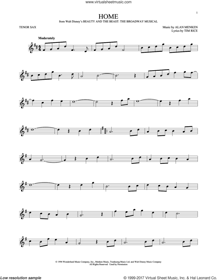 Home sheet music for tenor saxophone solo by Alan Menken and Tim Rice, intermediate skill level