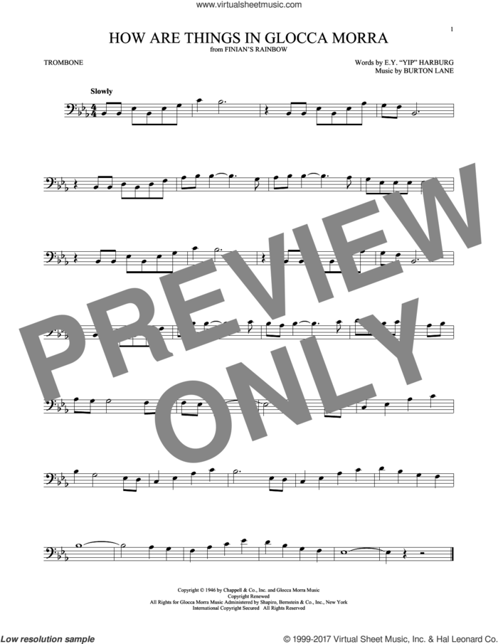 How Are Things In Glocca Morra sheet music for trombone solo by E.Y. Harburg, Tommy Dorsey and Burton Lane, intermediate skill level