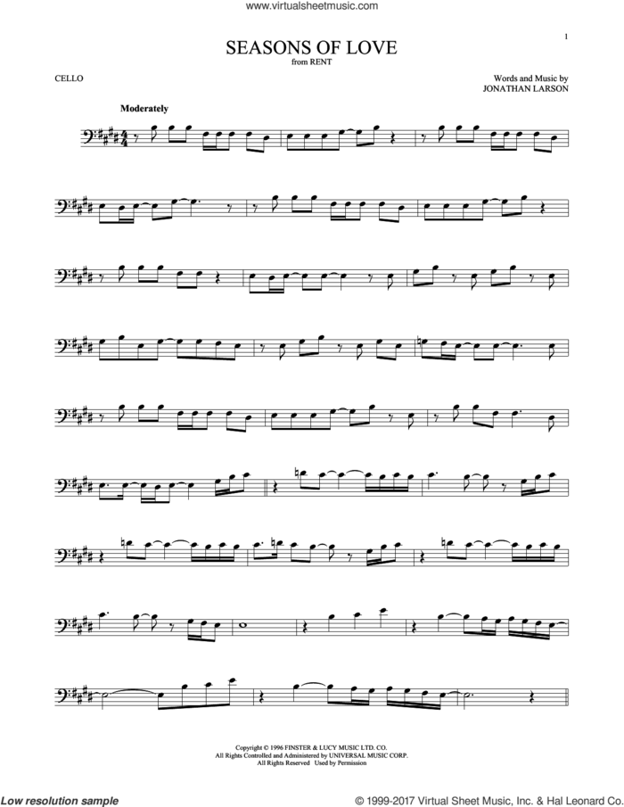 Seasons Of Love (from Rent) sheet music for cello solo by Jonathan Larson, intermediate skill level