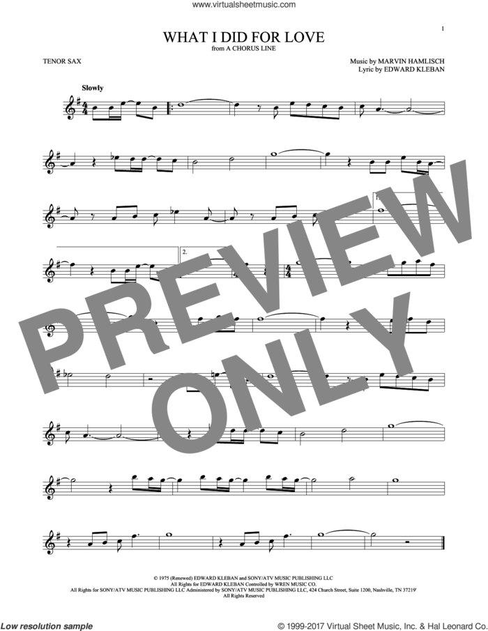 What I Did For Love sheet music for tenor saxophone solo by Marvin Hamlisch and Edward Kleban, intermediate skill level