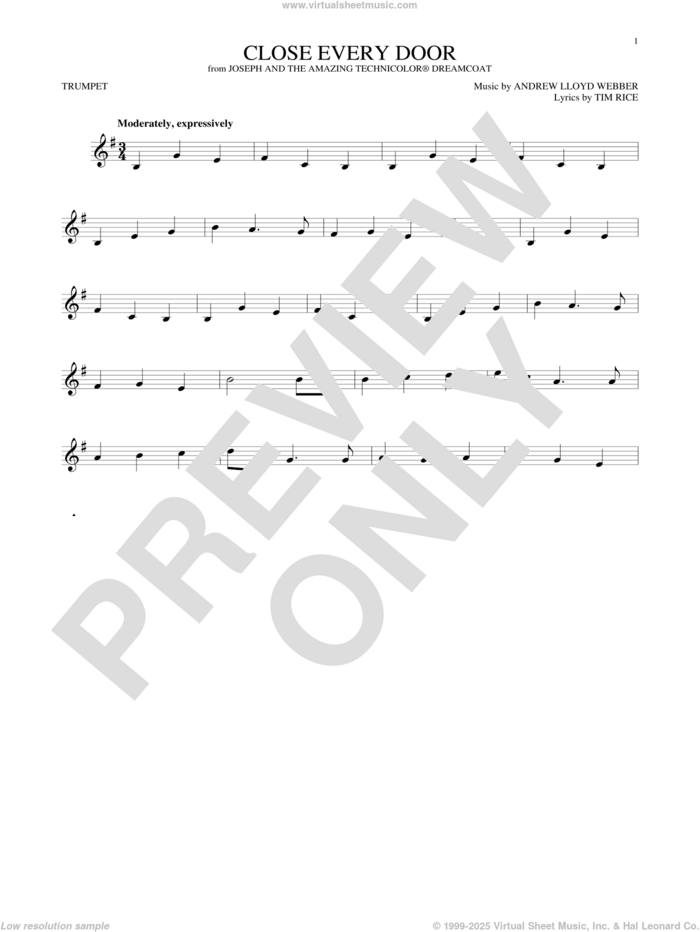 Close Every Door sheet music for trumpet solo by Andrew Lloyd Webber and Tim Rice, intermediate skill level