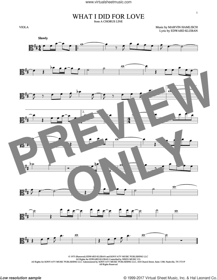 What I Did For Love sheet music for viola solo by Marvin Hamlisch and Edward Kleban, intermediate skill level