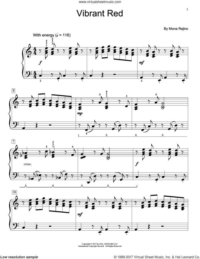 Vibrant Red sheet music for piano solo (elementary) by Mona Rejino, beginner piano (elementary)