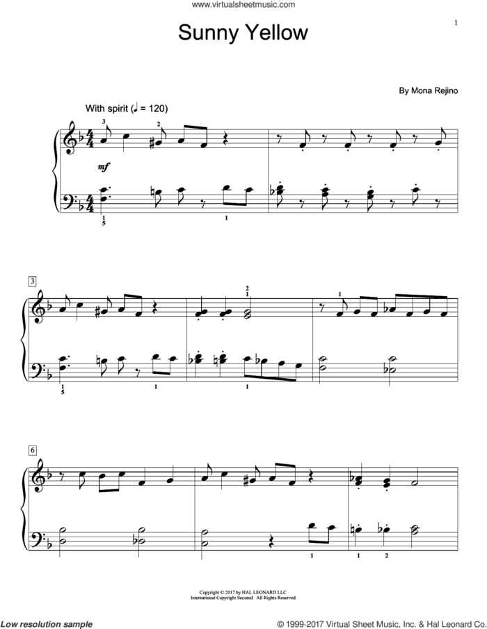 Sunny Yellow sheet music for piano solo (elementary) by Mona Rejino, beginner piano (elementary)