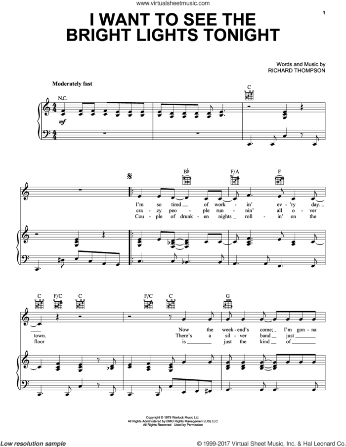 I Want To See The Bright Lights Tonight sheet music for voice, piano or guitar by Richard & Linda Thompson and Richard Thompson, intermediate skill level