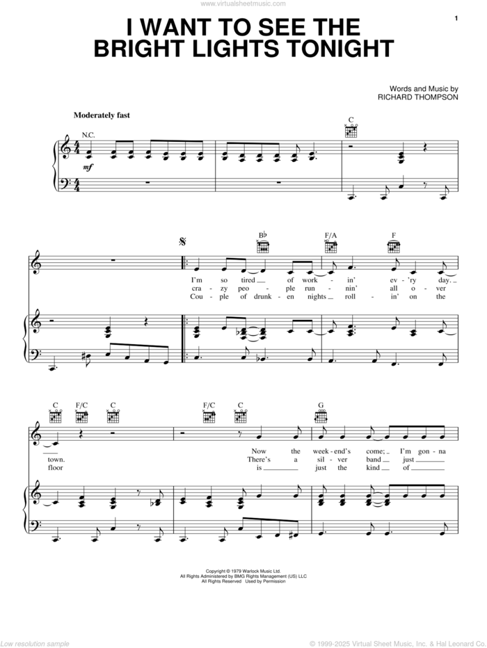 I Want To See The Bright Lights Tonight sheet music for voice, piano or guitar by Richard & Linda Thompson and Richard Thompson, intermediate skill level