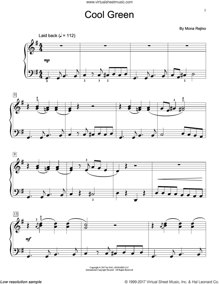 Cool Green sheet music for piano solo (elementary) by Mona Rejino, beginner piano (elementary)