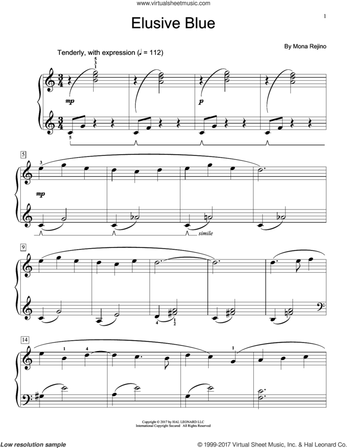 Elusive Blue sheet music for piano solo (elementary) by Mona Rejino, beginner piano (elementary)